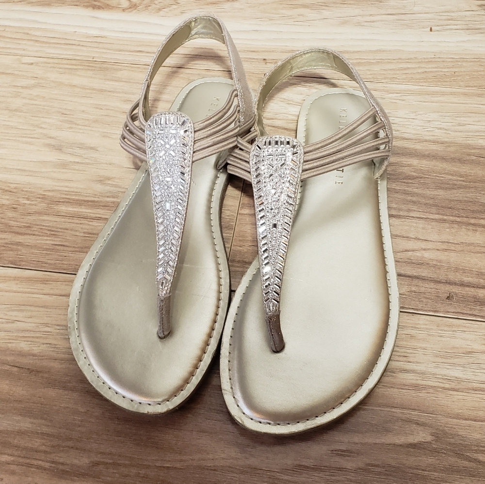 Kelly&kate Size 9 Thong Flat Sandals Champagne Color W/sparkle Crystal Rhineston